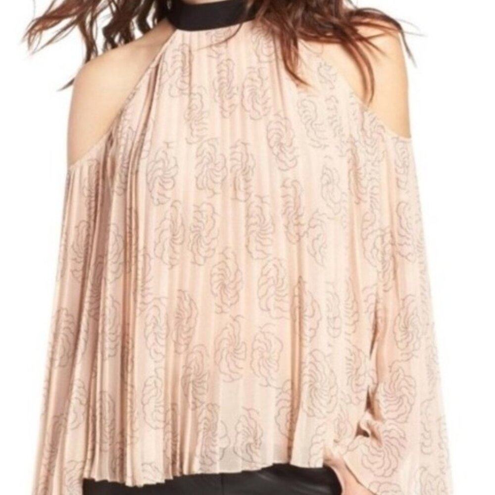Chelsea28 | Blush Pink and Black Pleated Long Sleeve Cold Shoulder Blouse, siz M